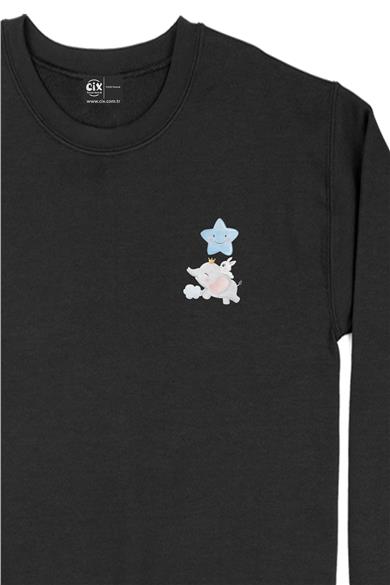 Fil Mavi Yıldızlı Cep Tasarım Baskılı Sweatshirt