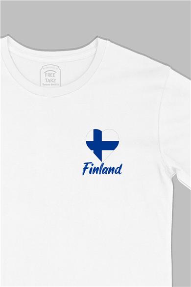 Finlandiya Baskılı Cep Tasarım Beyaz Tişört