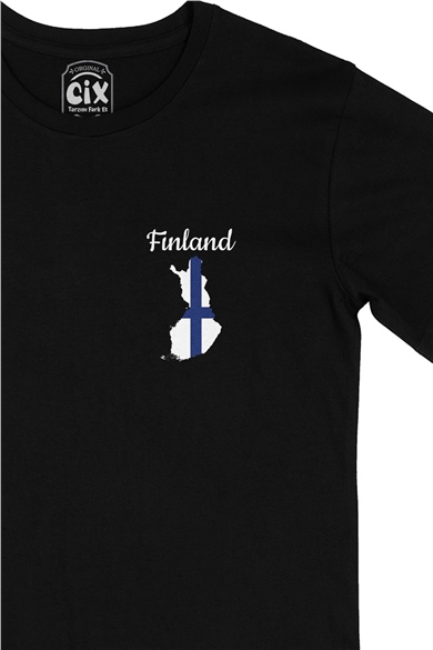 Finlandiya Haritalı ve Bayraklı Cep Logo Tasarımlı Siyah Tişört