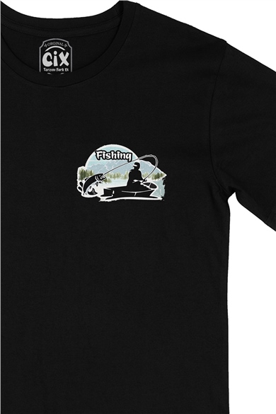 Fishing Cep Logo Tasarımlı Siyah Tişört