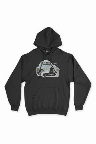 Fishing Siyah Kapşonlu Sweatshirt Hoodie