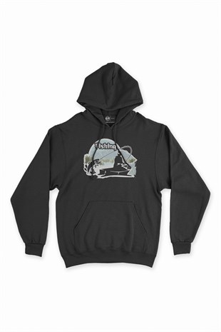 Fishing Siyah Kapşonlu Sweatshirt Hoodie