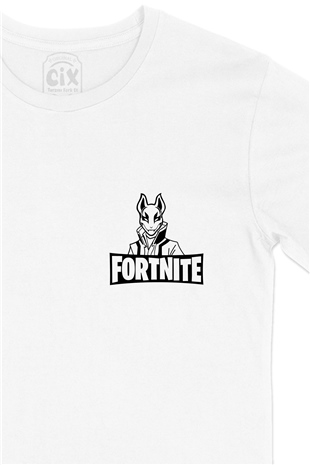Fortnite Logolu Cep Logo Tasarımlı Beyaz Tişört