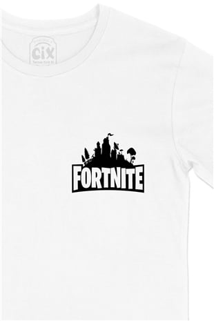 Fortnite Şehir Cep Logo Tasarımlı Beyaz Tişört