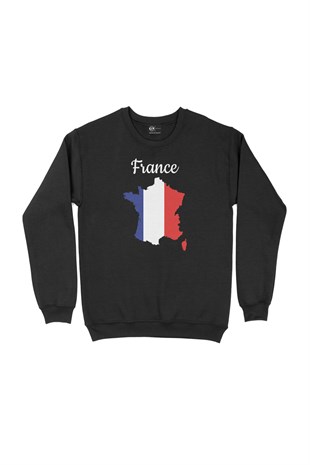 Fransa Haritalı ve Bayraklı Siyah Sweatshirt