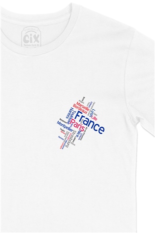 Fransa Şehir İsimli Cep Logo Tasarımlı Beyaz Tişört