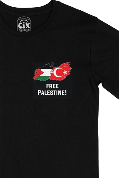 Free Palestine Siyah  Cep Logo Tasarımlı Siyah Tişört