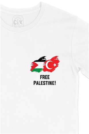 Free Palestine Tişört Cep Logo Tasarımlı Beyaz Tişört