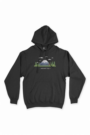 Fuji Dağı Siyah Kapşonlu Sweatshirt Hoodie