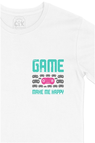 Game Make Me Happy Cep Logo Tasarımlı Beyaz Tişört