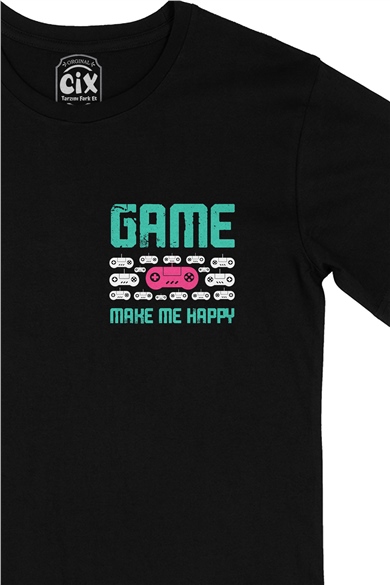 Game Make Me Happy Cep Logo Tasarımlı Siyah Tişört