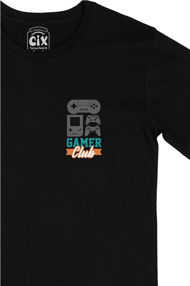 Gamer Club Cep Logo Tasarımlı Siyah Tişört