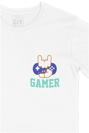 Gamer Hand Cep Logo Tasarımlı Beyaz Tişört