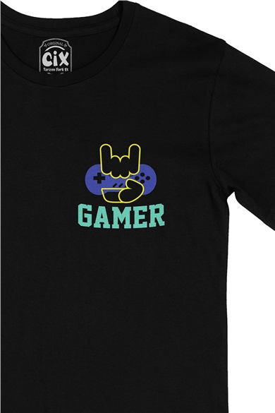 Gamer Hand Cep Logo Tasarımlı Siyah Tişört