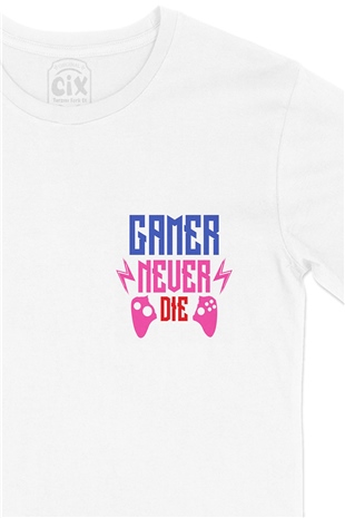 Gamer Never Die Cep Logo Tasarımlı Beyaz Tişört