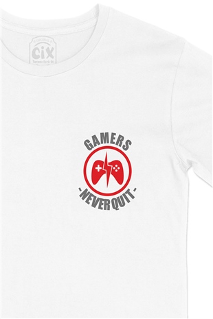 Gamers Never Quit Cep Logo Tasarımlı Beyaz Tişört