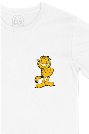 Garfield Baskılı Cep Logo Tasarımlı Beyaz Tişört