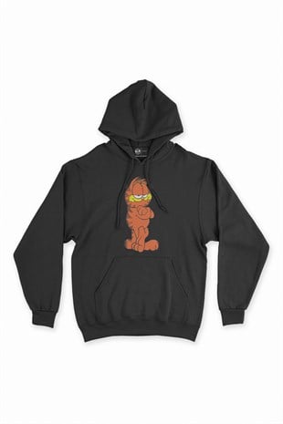 Garfield Baskılı Siyah Kapşonlu Sweatshirt Hoodie