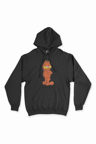 Garfield Baskılı Siyah Kapşonlu Sweatshirt Hoodie