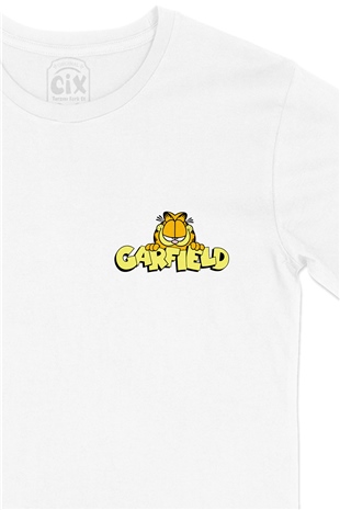 Garfield Logolu Cep Logo Tasarımlı Beyaz Tişört