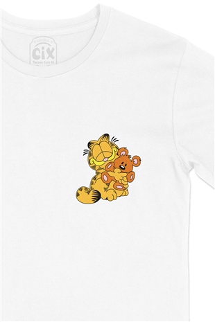 Garfield ve Ayıcık Cep Logo Tasarımlı Beyaz Tişört