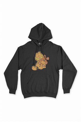 Garfield ve Ayıcık Siyah Kapşonlu Sweatshirt Hoodie