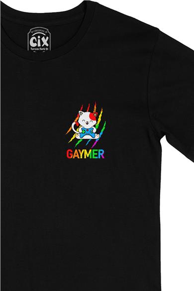 Gaymer Kedi Oyuncu Gamer Cep Tasarım Baskılı Siyah Tişört