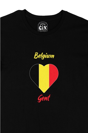 Gent Belçika Bayraklı Kalpli Siyah Tişört