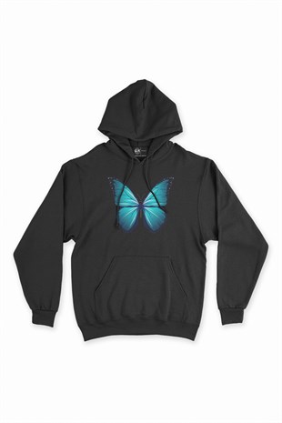 Gerçek Kelebek Tasarımlı Siyah Kapşonlu Sweatshirt Hoodie