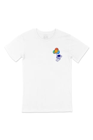 Gezegen Balonlu Astronot Cep Logo Tasarımlı Beyaz Tişört