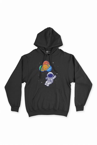 Gezegen Balonlu Astronot Siyah Kapşonlu Sweatshirt Hoodie
