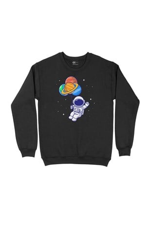 Gezegen Balonlu Astronot Siyah Sweatshirt