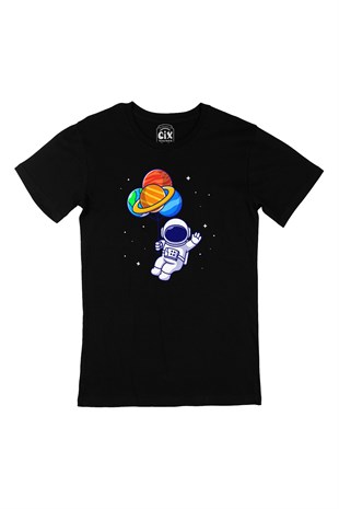 Gezegen Balonlu Astronot Siyah Tişört