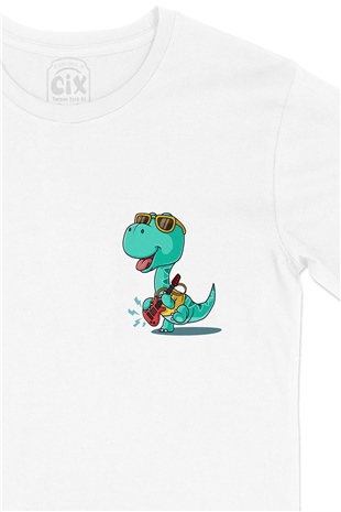 Gitarlı Dinozor Cep Logo Tasarımlı Beyaz Tişört