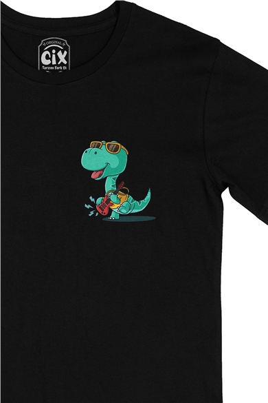 Gitarlı Dinozor Cep Logo Tasarımlı Siyah Tişört