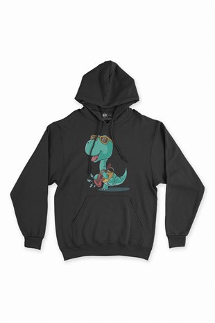 Gitarlı Dinozor Siyah Kapşonlu Sweatshirt Hoodie