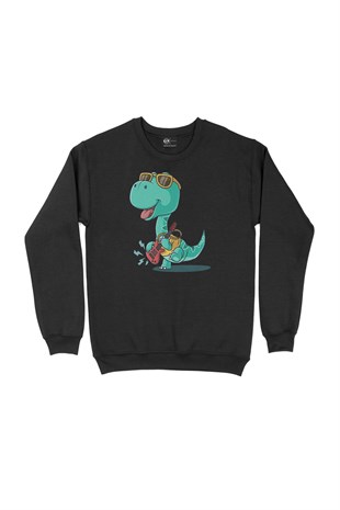 Gitarlı Dinozor Siyah Sweatshirt