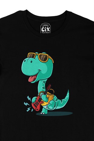 Gitarlı Dinozor Siyah Tişört