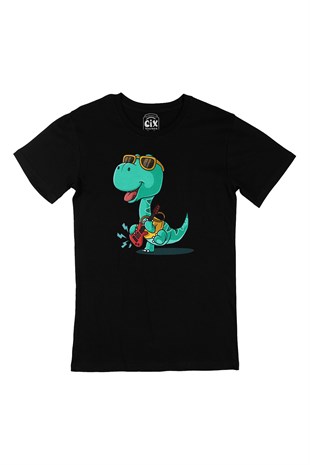 Gitarlı Dinozor Siyah Tişört