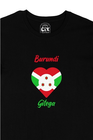 Gitega Burundi Bayraklı Kalpli Siyah Tişört
