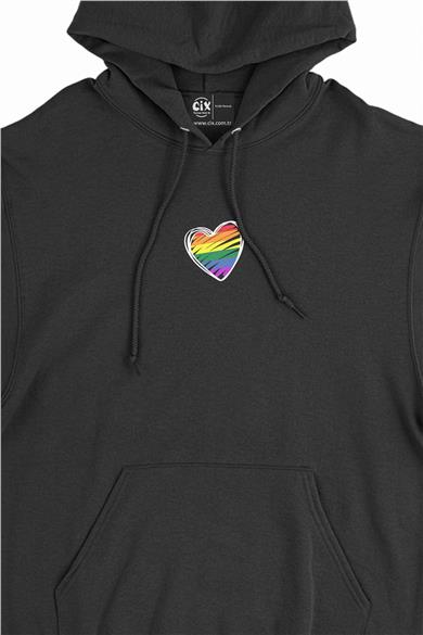 Gökkuşağı Kalp Çizimli Minimal Kapşonlu Sweatshirt Hoodie