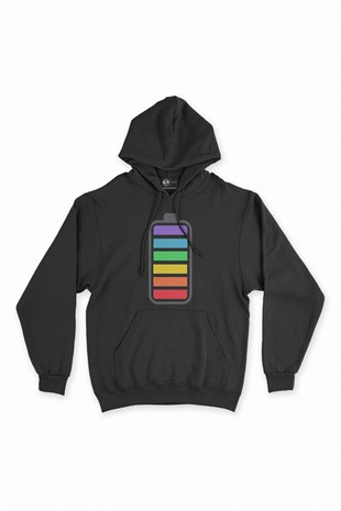 Gökkuşağı Renkli Batarya Siyah Kapşonlu Sweatshirt Hoodie