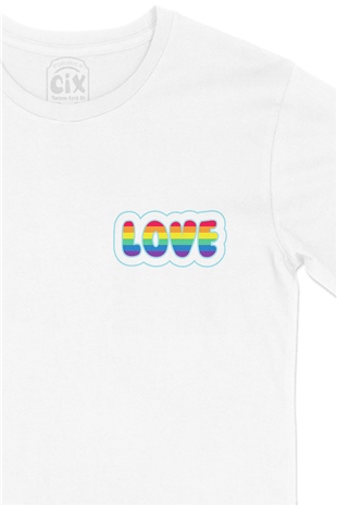 Gökkuşağı Renkli Love Cep Logo Tasarımlı Beyaz Tişört