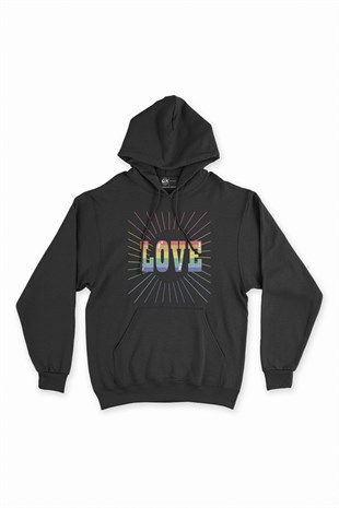 Gökkuşağı Renkli Love Siyah Kapşonlu Sweatshirt Hoodie