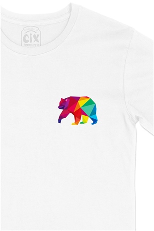 Gökkuşağı Renkli Polygon Ayı Cep Logo Tasarımlı Beyaz Tişört