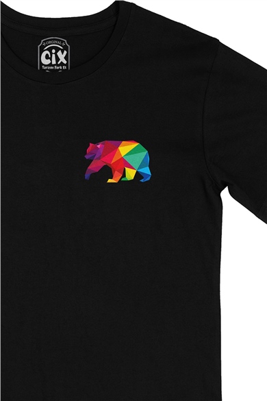 Gökkuşağı Renkli Polygon Ayı Cep Logo Tasarımlı Siyah Tişört