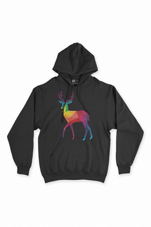 Gökkuşağı Renkli Polygon Geyik Kapşonlu Sweatshirt Hoodie
