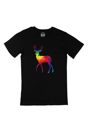 Gökkuşağı Renkli Polygon Geyik Siyah Tişört