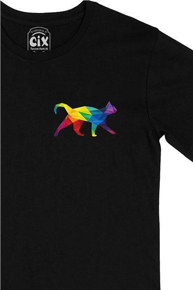 Gökkuşağı Renkli Polygon Kedi Cep Logo Tasarımlı Siyah Tişört
