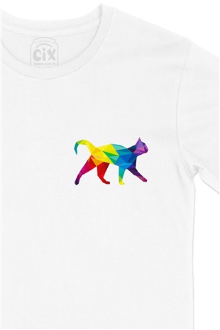 Gökkuşağı Renkli Polygon Kedi Cep Logo Tasarımlı Beyaz Tişört